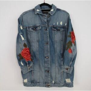 Express Distressed Bohemian Blue Denim Trucker Jacket - S/XS